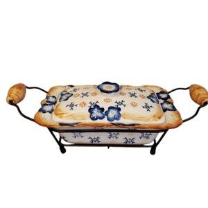 Temp-Tations Blue Floral Gold Casserole Baking Dish W/Lid And Holder